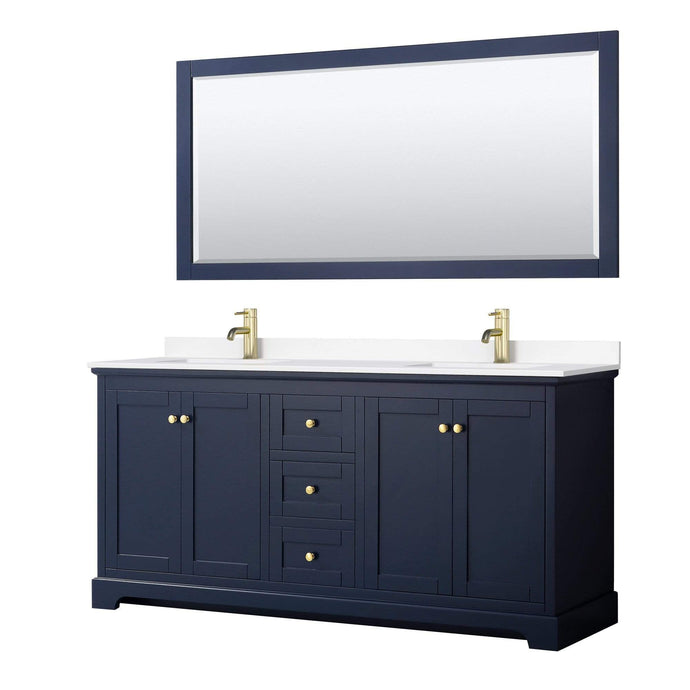 Wyndham Collection Vanity Wyndham Collection WCV232372DBLWCUNSM70 Avery 72 Inch Double Bathroom Vanity in Dark Blue, White Cultured Marble Countertop, Undermount Square Sinks, 70 Inch Mirror