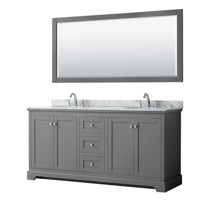 Wyndham Collection Vanity Wyndham Collection WCV232372DKGCMUNOM70 Avery 72 Inch Double Bathroom Vanity in Dark Gray, White Carrara Marble Countertop, Undermount Oval Sinks, and 70 Inch Mirror