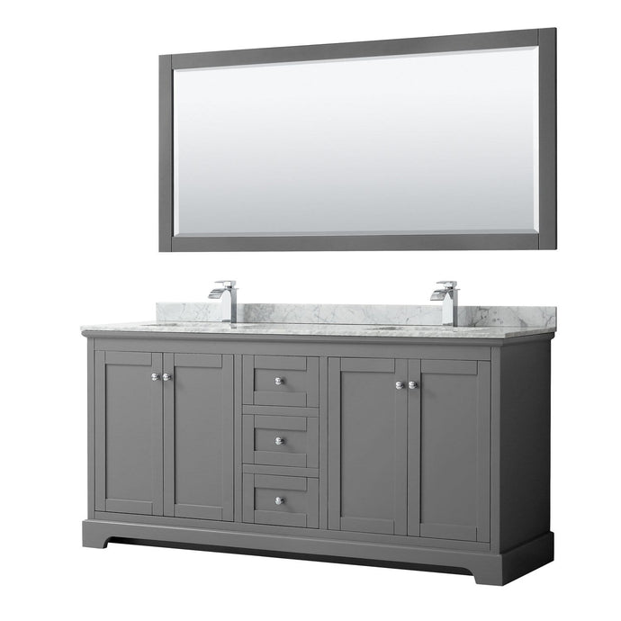 Wyndham Collection Vanity Wyndham Collection WCV232372DKGCMUNSM70 Avery 72 Inch Double Bathroom Vanity in Dark Gray, White Carrara Marble Countertop, Undermount Square Sinks, and 70 Inch Mirror