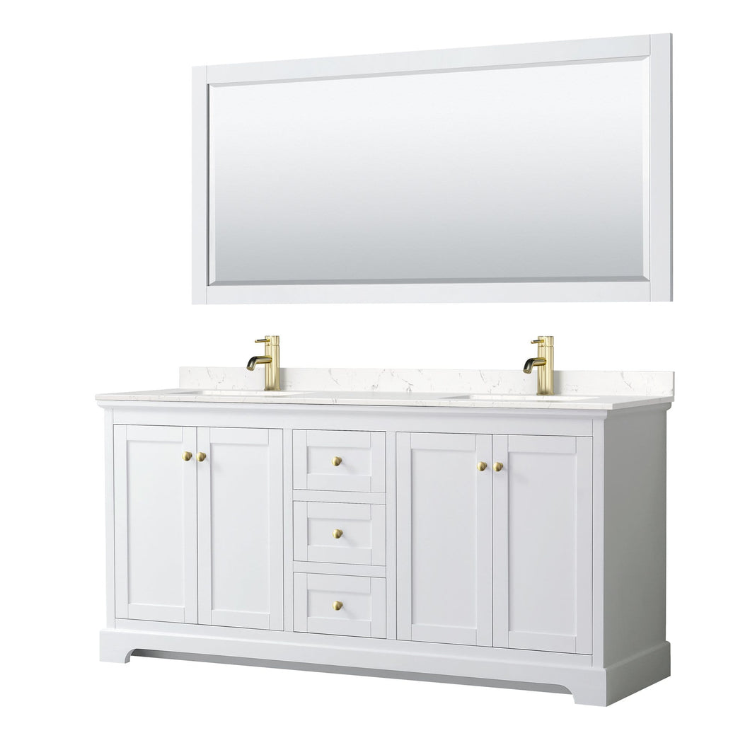 Wyndham Collection Vanity Wyndham Collection WCV232372DWGC2UNSM70 Avery 72 Inch Double Bathroom Vanity in White, Light-Vein Carrara Cultured Marble Countertop, Undermount Square Sinks, 70 Inch Mirror, Brushed Gold Trim
