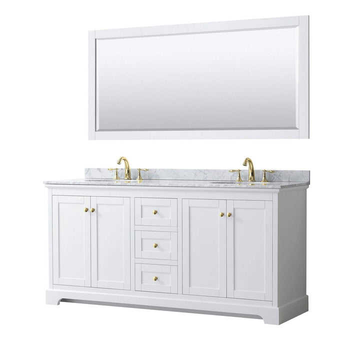 Wyndham Collection Vanity Wyndham Collection WCV232372DWGCMUNOM70 Avery 72 Inch Double Bathroom Vanity in White, White Carrara Marble Countertop, Undermount Oval Sinks, 70 Inch Mirror, Brushed Gold Trim