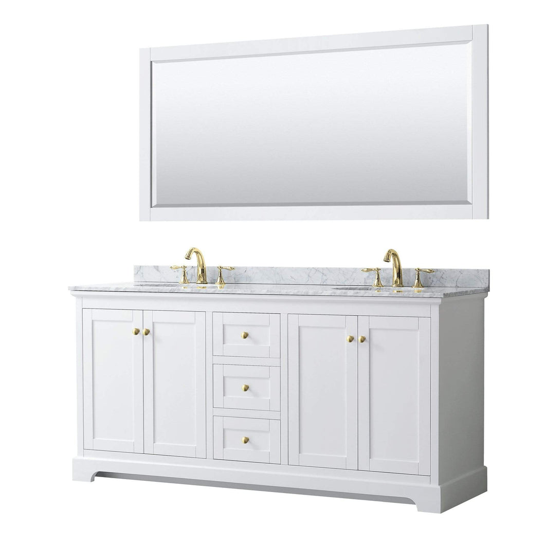 Wyndham Collection Vanity Wyndham Collection WCV232372DWGCMUNOM70 Avery 72 Inch Double Bathroom Vanity in White, White Carrara Marble Countertop, Undermount Oval Sinks, 70 Inch Mirror, Brushed Gold Trim