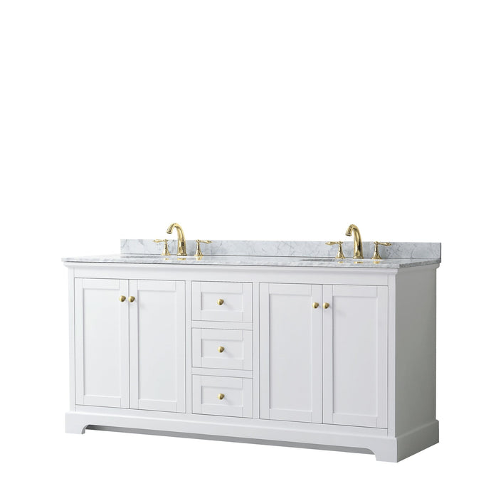 Wyndham Collection Vanity Wyndham Collection WCV232372DWGCMUNOMXX Avery 72 Inch Double Bathroom Vanity in White, White Carrara Marble Countertop, Undermount Oval Sinks, Brushed Gold Trim