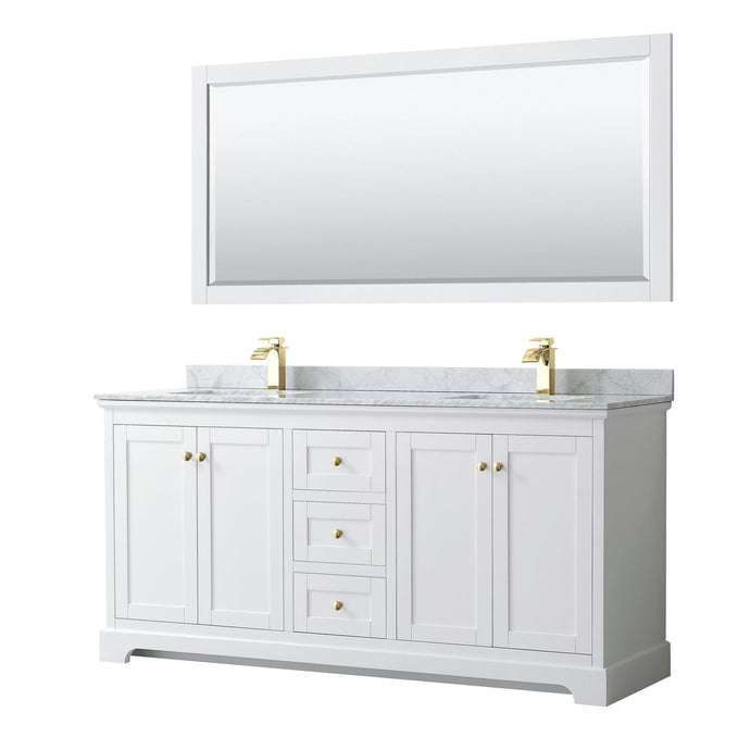 Wyndham Collection Vanity Wyndham Collection WCV232372DWGCMUNSM70 Avery 72 Inch Double Bathroom Vanity in White, White Carrara Marble Countertop, Undermount Square Sinks, 70 Inch Mirror, Brushed Gold Trim