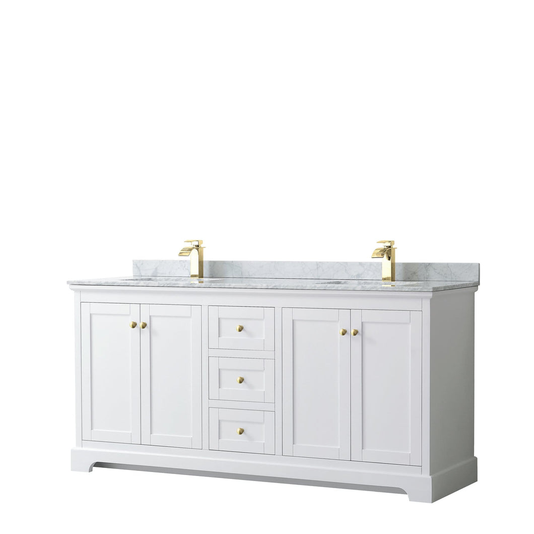 Wyndham Collection Vanity Wyndham Collection WCV232372DWGCMUNSMXX Avery 72 Inch Double Bathroom Vanity in White, White Carrara Marble Countertop, Undermount Square Sinks, Brushed Gold Trim
