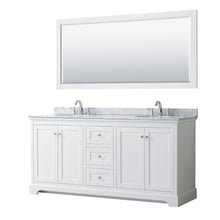 Load image into Gallery viewer, Wyndham Collection Vanity Wyndham Collection WCV232372DWHCMUNOM70 Avery 72 Inch Double Bathroom Vanity in White, White Carrara Marble Countertop, Undermount Oval Sinks, and 70 Inch Mirror