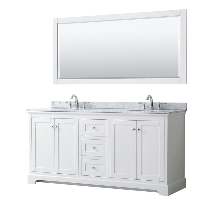 Wyndham Collection Vanity Wyndham Collection WCV232372DWHCMUNOM70 Avery 72 Inch Double Bathroom Vanity in White, White Carrara Marble Countertop, Undermount Oval Sinks, and 70 Inch Mirror