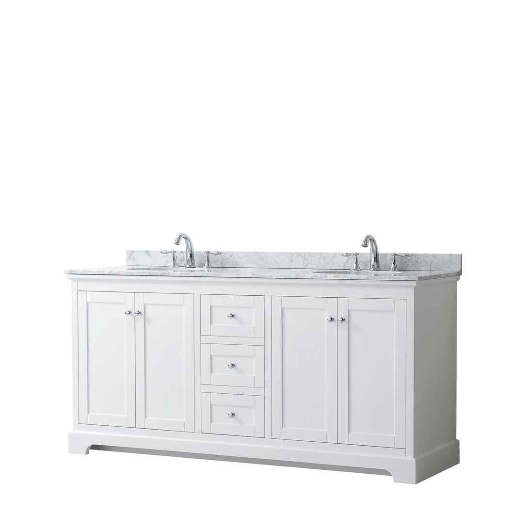 Wyndham Collection Vanity Wyndham Collection WCV232372DWHCMUNOMXX Avery 72 Inch Double Bathroom Vanity in White, White Carrara Marble Countertop, Undermount Oval Sinks, and No Mirror