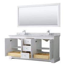Load image into Gallery viewer, Wyndham Collection Vanity Wyndham Collection WCV232372DWHCMUNSM70 Avery 72 Inch Double Bathroom Vanity in White, White Carrara Marble Countertop, Undermount Square Sinks, and 70 Inch Mirror