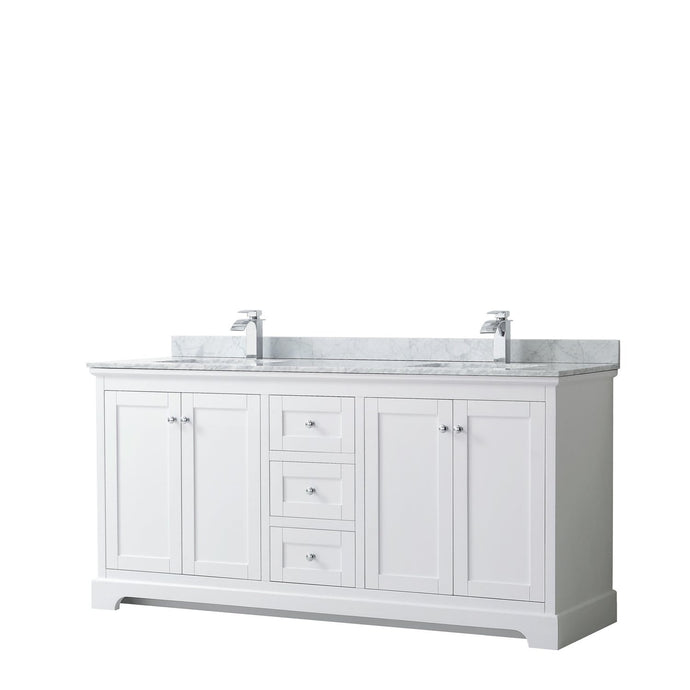 Wyndham Collection Vanity Wyndham Collection WCV232372DWHCMUNSMXX Avery 72 Inch Double Bathroom Vanity in White, White Carrara Marble Countertop, Undermount Square Sinks, and No Mirror