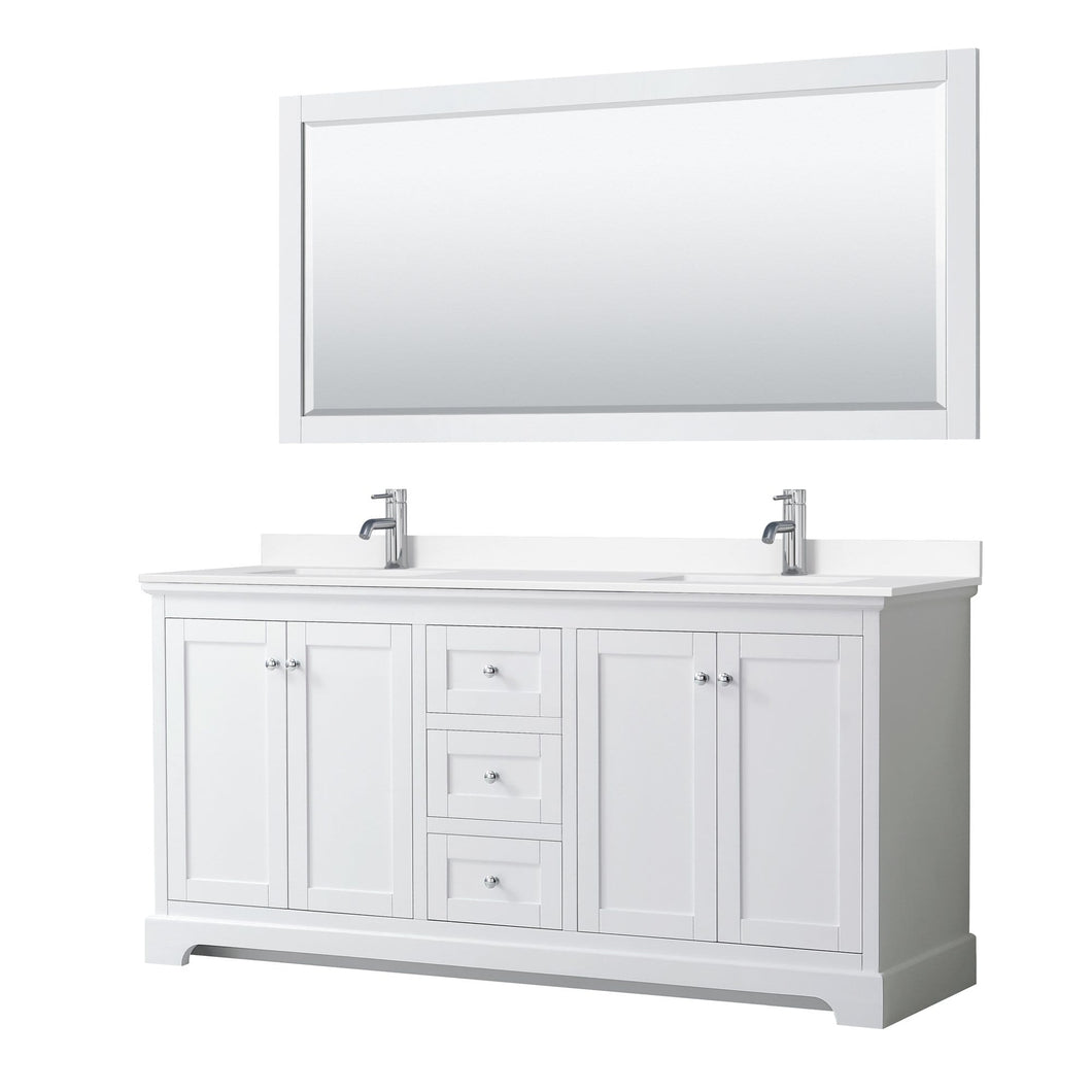 Wyndham Collection Vanity Wyndham Collection WCV232372DWHWCUNSM70 Avery 72 Inch Double Bathroom Vanity in White, White Cultured Marble Countertop, Undermount Square Sinks, 70 Inch Mirror