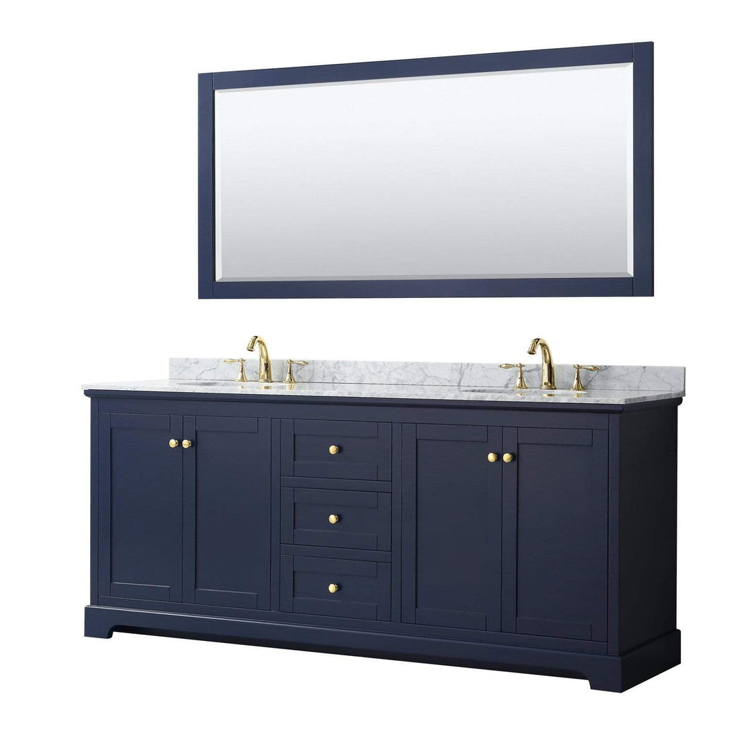 Wyndham Collection Vanity Wyndham Collection WCV232380DBLCMUNOM70 Avery 80 Inch Double Bathroom Vanity in Dark Blue, White Carrara Marble Countertop, Undermount Oval Sinks, and 70 Inch Mirror