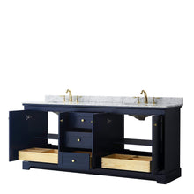 Load image into Gallery viewer, Wyndham Collection Vanity Wyndham Collection WCV232380DBLCMUNOMXX Avery 80 Inch Double Bathroom Vanity in Dark Blue, White Carrara Marble Countertop, Undermount Oval Sinks, and No Mirror