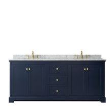 Load image into Gallery viewer, Wyndham Collection Vanity Wyndham Collection WCV232380DBLCMUNOMXX Avery 80 Inch Double Bathroom Vanity in Dark Blue, White Carrara Marble Countertop, Undermount Oval Sinks, and No Mirror