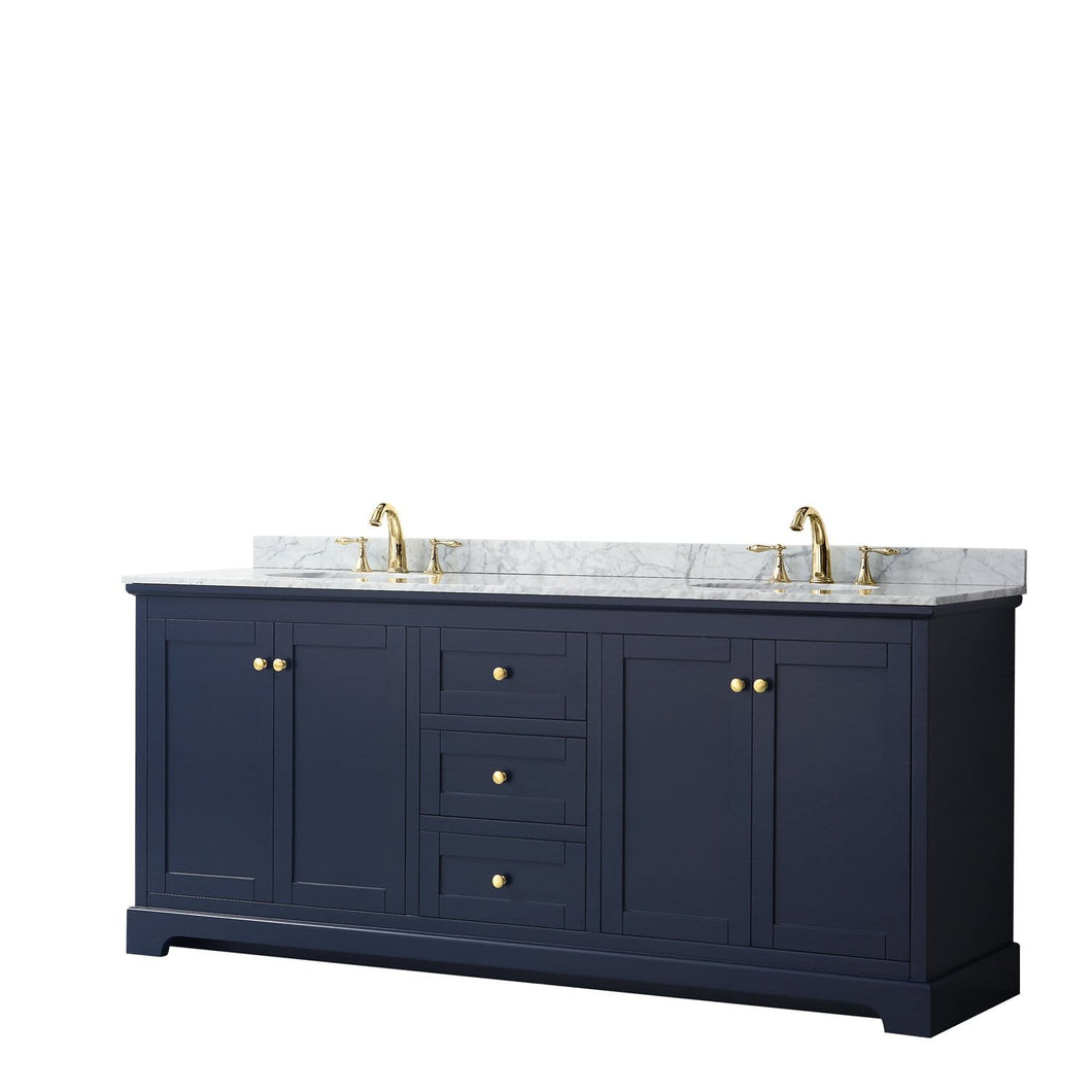 Wyndham Collection Vanity Wyndham Collection WCV232380DBLCMUNOMXX Avery 80 Inch Double Bathroom Vanity in Dark Blue, White Carrara Marble Countertop, Undermount Oval Sinks, and No Mirror