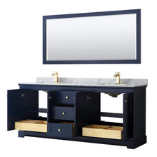 Load image into Gallery viewer, Wyndham Collection Vanity Wyndham Collection WCV232380DBLCMUNSM70 Avery 80 Inch Double Bathroom Vanity in Dark Blue, White Carrara Marble Countertop, Undermount Square Sinks, and 70 Inch Mirror