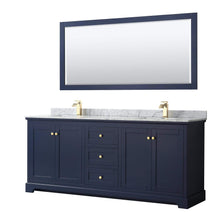 Load image into Gallery viewer, Wyndham Collection Vanity Wyndham Collection WCV232380DBLCMUNSM70 Avery 80 Inch Double Bathroom Vanity in Dark Blue, White Carrara Marble Countertop, Undermount Square Sinks, and 70 Inch Mirror