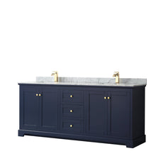 Load image into Gallery viewer, Wyndham Collection Vanity Wyndham Collection WCV232380DBLCMUNSMXX Avery 80 Inch Double Bathroom Vanity in Dark Blue, White Carrara Marble Countertop, Undermount Square Sinks, and No Mirror
