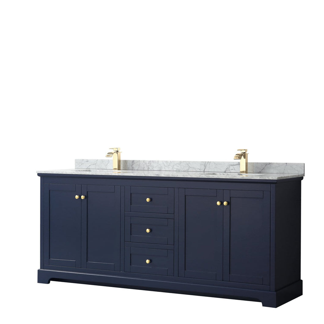 Wyndham Collection Vanity Wyndham Collection WCV232380DBLCMUNSMXX Avery 80 Inch Double Bathroom Vanity in Dark Blue, White Carrara Marble Countertop, Undermount Square Sinks, and No Mirror