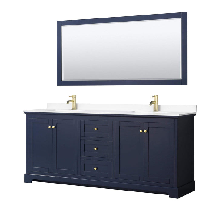 Wyndham Collection Vanity Wyndham Collection WCV232380DBLWCUNSM70 Avery 80 Inch Double Bathroom Vanity in Dark Blue, White Cultured Marble Countertop, Undermount Square Sinks, 70 Inch Mirror