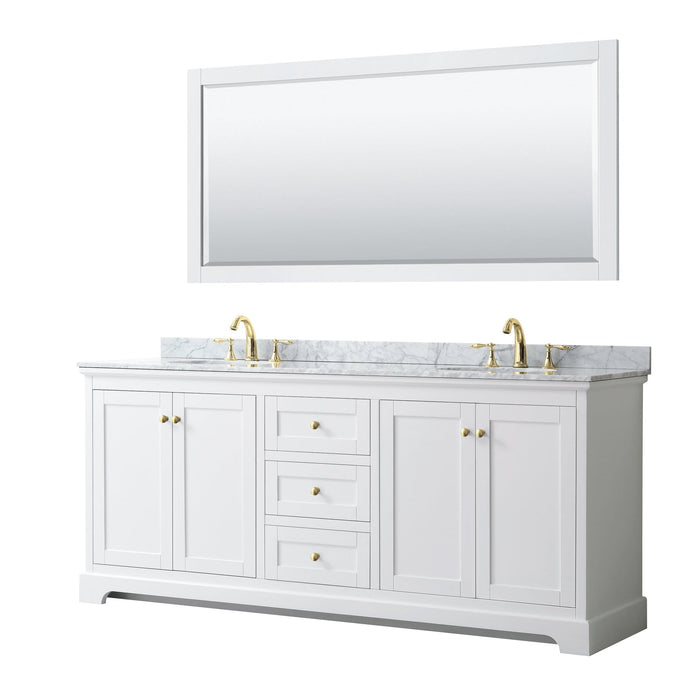 Wyndham Collection Vanity Wyndham Collection WCV232380DWGCMUNOM70 Avery 80 Inch Double Bathroom Vanity in White, White Carrara Marble Countertop, Undermount Oval Sinks, 70 Inch Mirror, Brushed Gold Trim