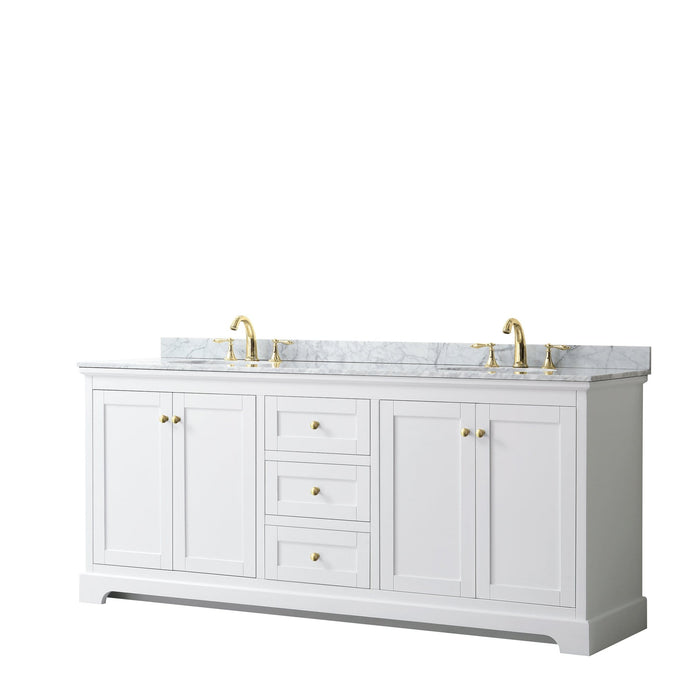 Wyndham Collection Vanity Wyndham Collection WCV232380DWGCMUNOMXX Avery 80 Inch Double Bathroom Vanity in White, White Carrara Marble Countertop, Undermount Oval Sinks, Brushed Gold Trim