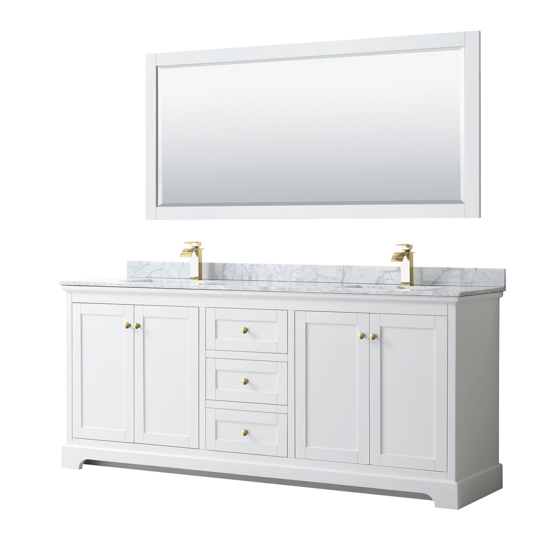 Wyndham Collection Vanity Wyndham Collection WCV232380DWGCMUNSM70 Avery 80 Inch Double Bathroom Vanity in White, White Carrara Marble Countertop, Undermount Square Sinks, 70 Inch Mirror, Brushed Gold Trim