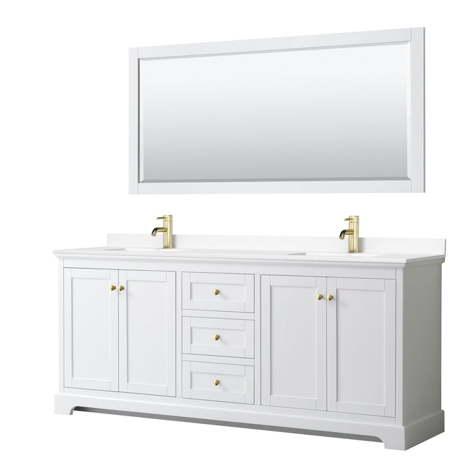 Wyndham Collection Vanity Wyndham Collection WCV232380DWGWCUNSM70 Avery 80 Inch Double Bathroom Vanity in White, White Cultured Marble Countertop, Undermount Square Sinks, 70 Inch Mirror, Brushed Gold Trim
