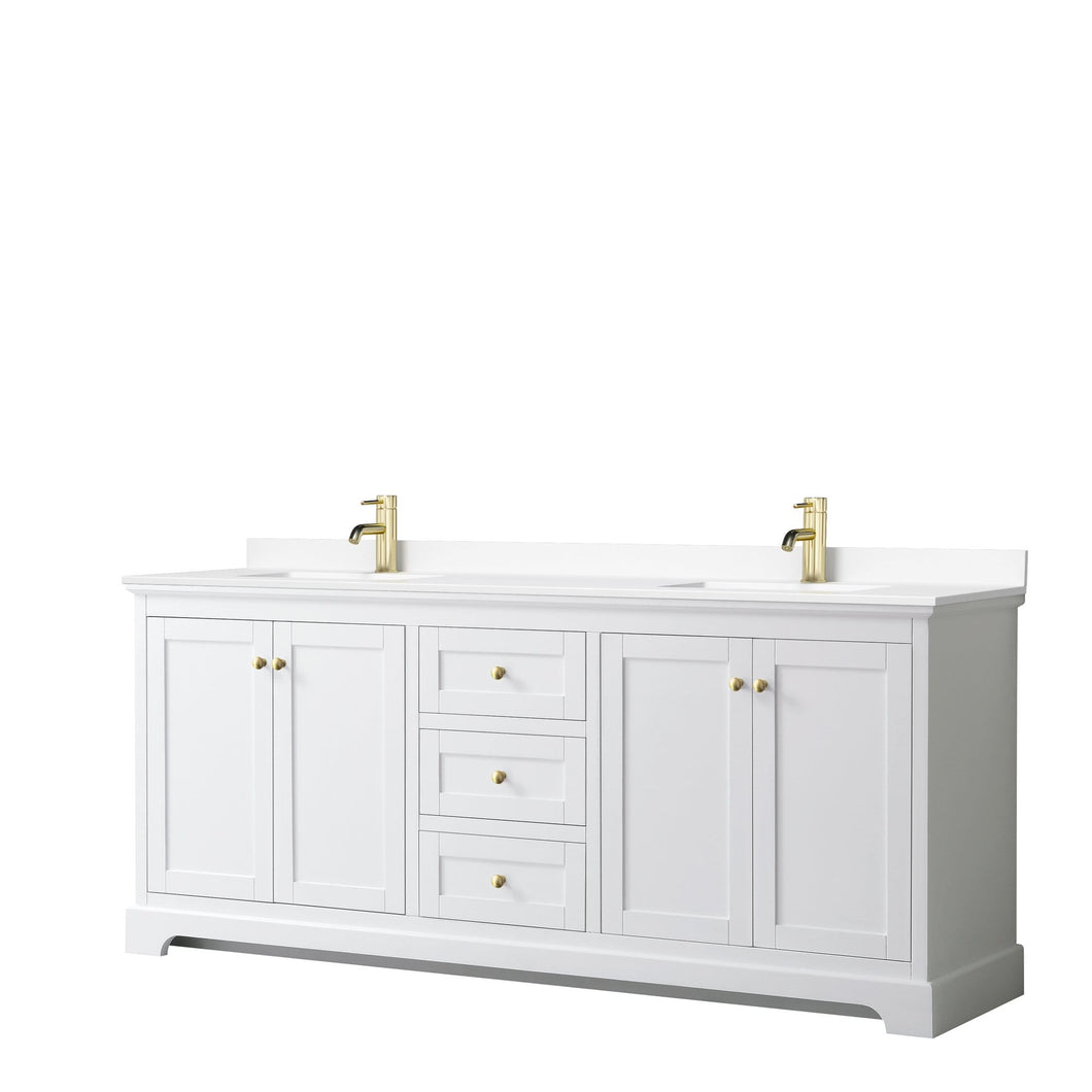 Wyndham Collection Vanity Wyndham Collection WCV232380DWGWCUNSMXX Avery 80 Inch Double Bathroom Vanity in White, White Cultured Marble Countertop, Undermount Square Sinks, Brushed Gold Trim