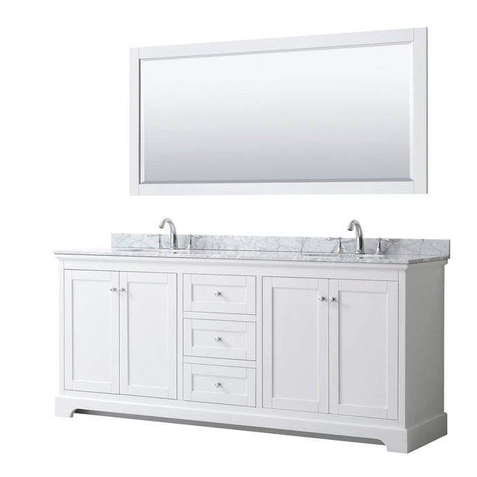 Wyndham Collection Vanity Wyndham Collection WCV232380DWHCMUNOM70 Avery 80 Inch Double Bathroom Vanity in White, White Carrara Marble Countertop, Undermount Oval Sinks, and 70 Inch Mirror