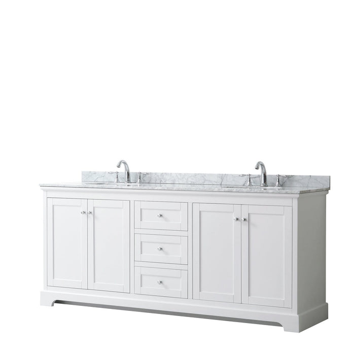 Wyndham Collection Vanity Wyndham Collection WCV232380DWHCMUNOMXX Avery 80 Inch Double Bathroom Vanity in White, White Carrara Marble Countertop, Undermount Oval Sinks, and No Mirror