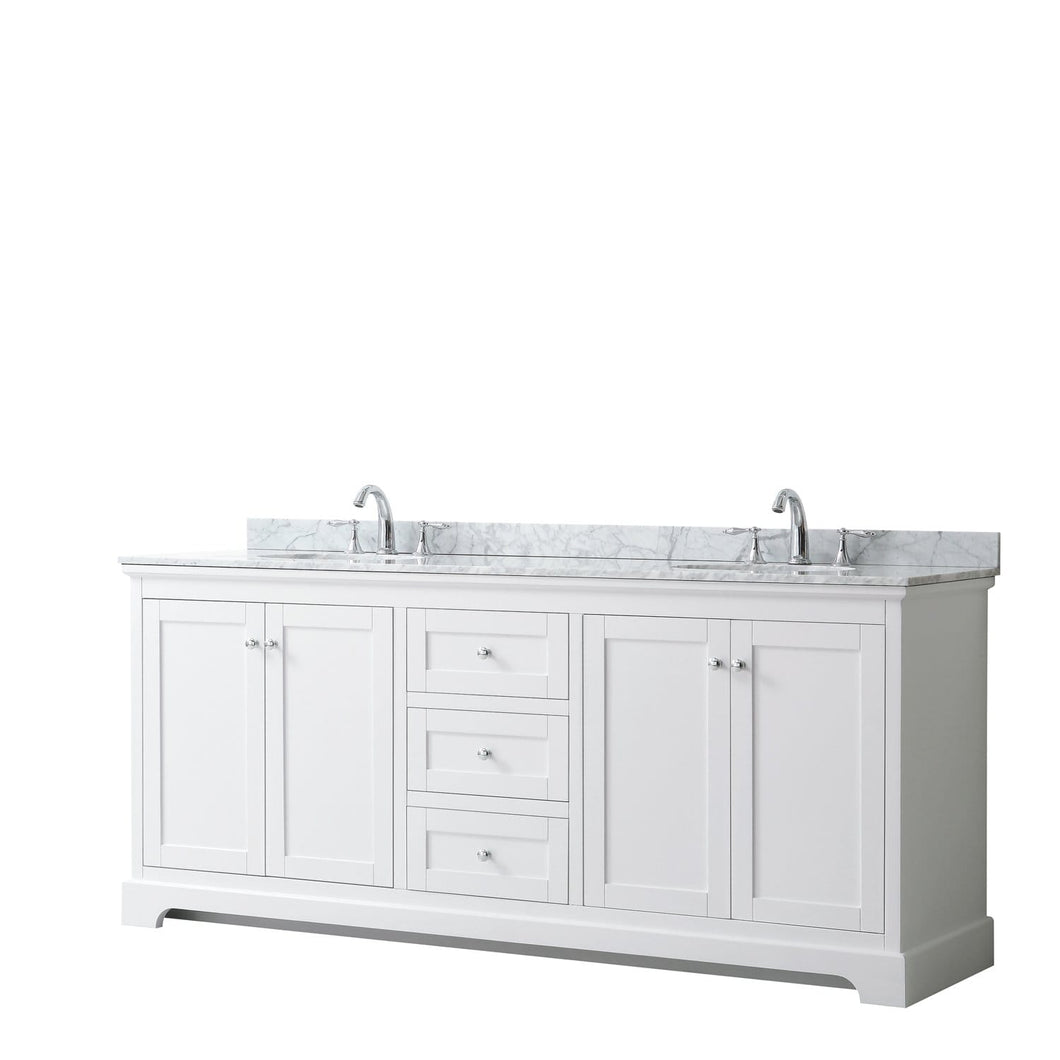 Wyndham Collection Vanity Wyndham Collection WCV232380DWHCMUNOMXX Avery 80 Inch Double Bathroom Vanity in White, White Carrara Marble Countertop, Undermount Oval Sinks, and No Mirror