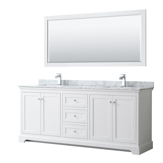 Wyndham Collection Vanity Wyndham Collection WCV232380DWHCMUNSM70 Avery 80 Inch Double Bathroom Vanity in White, White Carrara Marble Countertop, Undermount Square Sinks, and 70 Inch Mirror