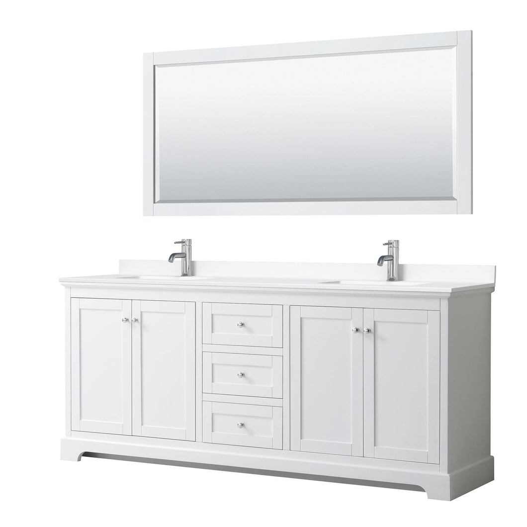 Wyndham Collection Vanity Wyndham Collection WCV232380DWHWCUNSM70 Avery 80 Inch Double Bathroom Vanity in White, White Cultured Marble Countertop, Undermount Square Sinks, 70 Inch Mirror