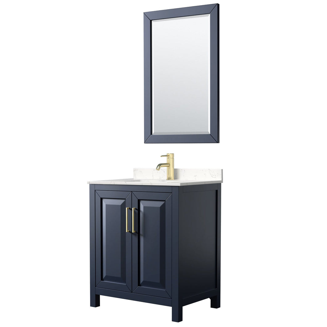 Wyndham Collection Vanity Wyndham Collection WCV252530SBLC2UNSM24 Daria 30 Inch Single Bathroom Vanity in Dark Blue, Light-Vein Carrara Cultured Marble Countertop, Undermount Square Sink, 24 Inch Mirror