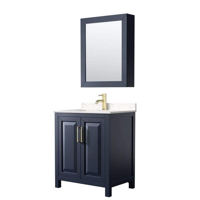 Wyndham Collection Vanity Wyndham Collection WCV252530SBLC2UNSMED Daria 30 Inch Single Bathroom Vanity in Dark Blue, Light-Vein Carrara Cultured Marble Countertop, Undermount Square Sink, Medicine Cabinet
