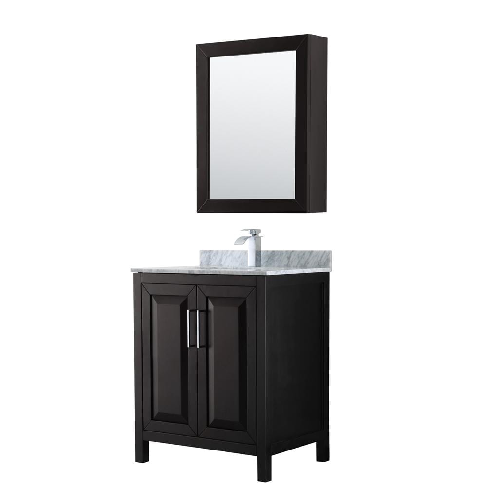 Wyndham Collection Vanity Wyndham Collection WCV252530SDECMUNSMED Daria 30 Inch Single Bathroom Vanity in Dark Espresso, White Carrara Marble Countertop, Undermount Square Sink, and Medicine Cabinet