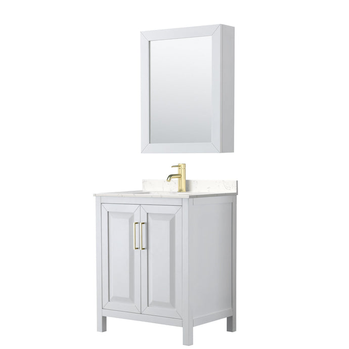Wyndham Collection Vanity Wyndham Collection WCV252530SWGC2UNSMED Daria 30 Inch Single Bathroom Vanity in White, Light-Vein Carrara Cultured Marble Countertop, Undermount Square Sink, Medicine Cabinet, Brushed Gold Trim