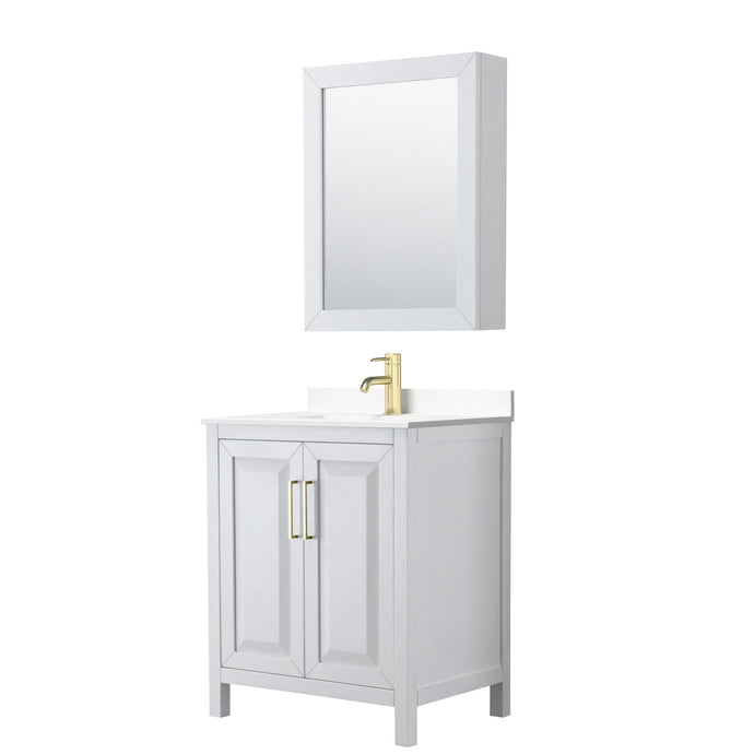 Wyndham Collection Vanity Wyndham Collection WCV252530SWGWCUNSMED Daria 30 Inch Single Bathroom Vanity in White, White Cultured Marble Countertop, Undermount Square Sink, Medicine Cabinet, Brushed Gold Trim