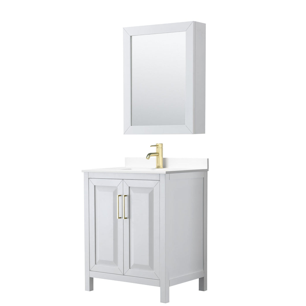 Wyndham Collection Vanity Wyndham Collection WCV252530SWGWCUNSMED Daria 30 Inch Single Bathroom Vanity in White, White Cultured Marble Countertop, Undermount Square Sink, Medicine Cabinet, Brushed Gold Trim