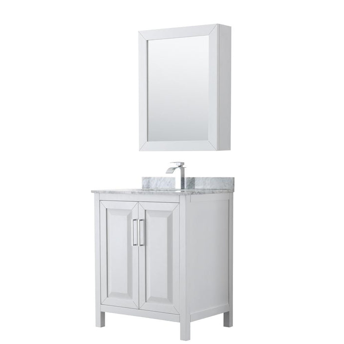Wyndham Collection Vanity Wyndham Collection WCV252530SWHCMUNSMED Daria 30 Inch Single Bathroom Vanity in White, White Carrara Marble Countertop, Undermount Square Sink, and Medicine Cabinet