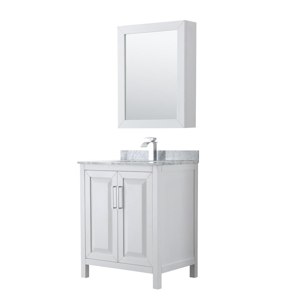 Wyndham Collection Vanity Wyndham Collection WCV252530SWHCMUNSMED Daria 30 Inch Single Bathroom Vanity in White, White Carrara Marble Countertop, Undermount Square Sink, and Medicine Cabinet