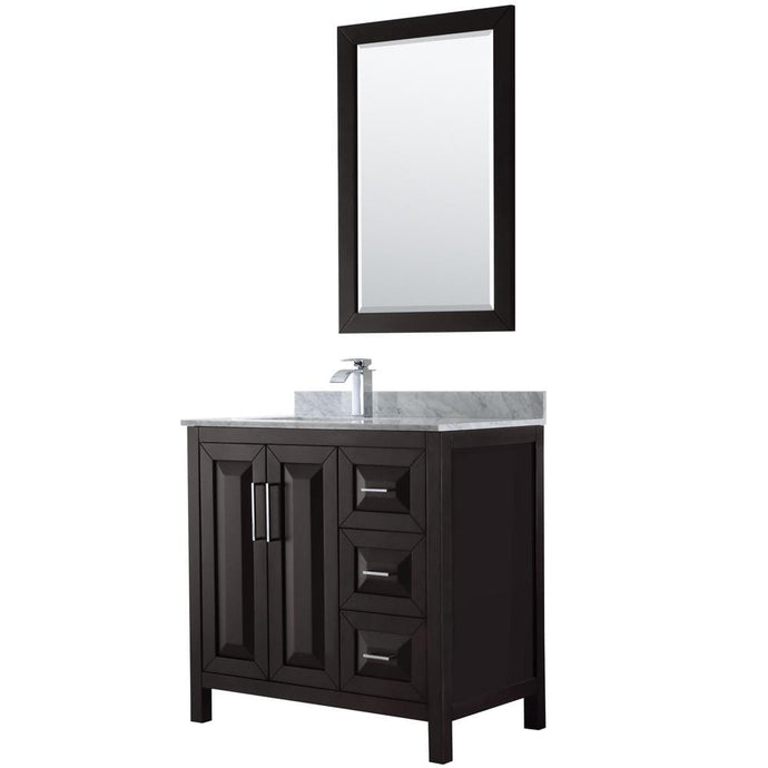 Wyndham Collection Vanity Wyndham Collection WCV252536SDECMUNSM24 Daria 36 Inch Single Bathroom Vanity in Dark Espresso, White Carrara Marble Countertop, Undermount Square Sink, and 24 Inch Mirror