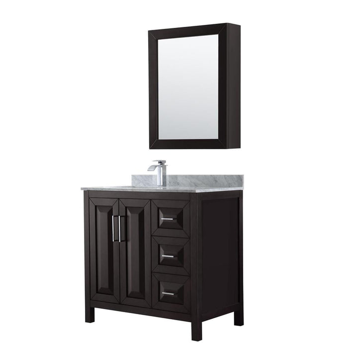 Wyndham Collection Vanity Wyndham Collection WCV252536SDECMUNSMED Daria 36 Inch Single Bathroom Vanity in Dark Espresso, White Carrara Marble Countertop, Undermount Square Sink, and Medicine Cabinet