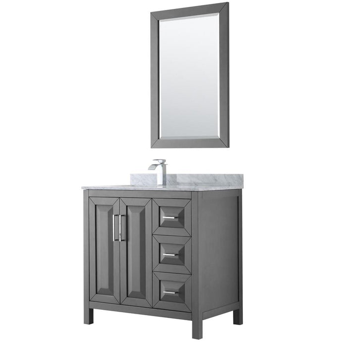 Wyndham Collection Vanity Wyndham Collection WCV252536SKGCMUNSM24 Daria 36 Inch Single Bathroom Vanity in Dark Gray, White Carrara Marble Countertop, Undermount Square Sink, and 24 Inch Mirror