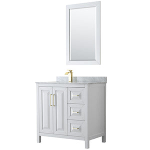 Wyndham Collection Vanity Wyndham Collection WCV252536SWGCMUNSM24 Daria 36 Inch Single Bathroom Vanity in White, White Carrara Marble Countertop, Undermount Square Sink, 24 Inch Mirror, Brushed Gold Trim