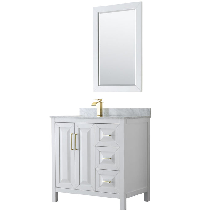 Wyndham Collection Vanity Wyndham Collection WCV252536SWGCMUNSM24 Daria 36 Inch Single Bathroom Vanity in White, White Carrara Marble Countertop, Undermount Square Sink, 24 Inch Mirror, Brushed Gold Trim