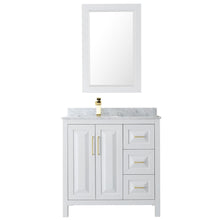 Load image into Gallery viewer, Wyndham Collection Vanity Wyndham Collection WCV252536SWGCMUNSM24 Daria 36 Inch Single Bathroom Vanity in White, White Carrara Marble Countertop, Undermount Square Sink, 24 Inch Mirror, Brushed Gold Trim
