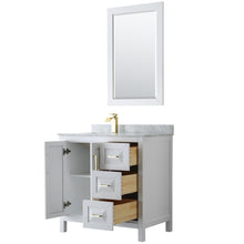 Load image into Gallery viewer, Wyndham Collection Vanity Wyndham Collection WCV252536SWGCMUNSM24 Daria 36 Inch Single Bathroom Vanity in White, White Carrara Marble Countertop, Undermount Square Sink, 24 Inch Mirror, Brushed Gold Trim