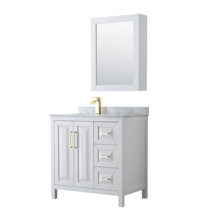 Wyndham Collection Vanity Wyndham Collection WCV252536SWGCMUNSMED Daria 36 Inch Single Bathroom Vanity in White, White Carrara Marble Countertop, Undermount Square Sink, Medicine Cabinet, Brushed Gold Trim
